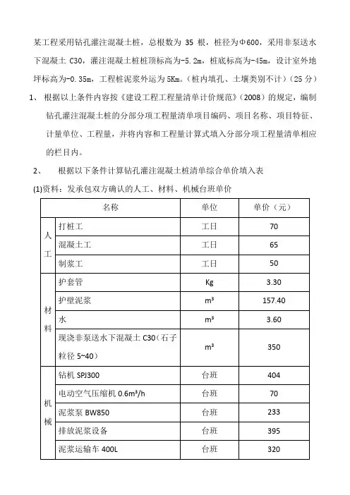 钻孔灌注混凝土桩清单综合单价(1)(1)