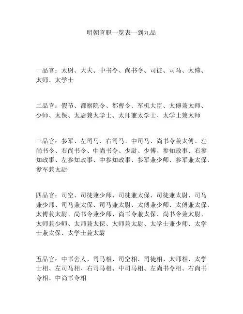 明朝官职一览表一到九品