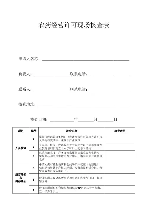 农药经营许可现场核查标准