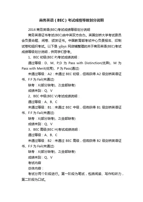 商务英语（BEC）考试成绩等级划分说明
