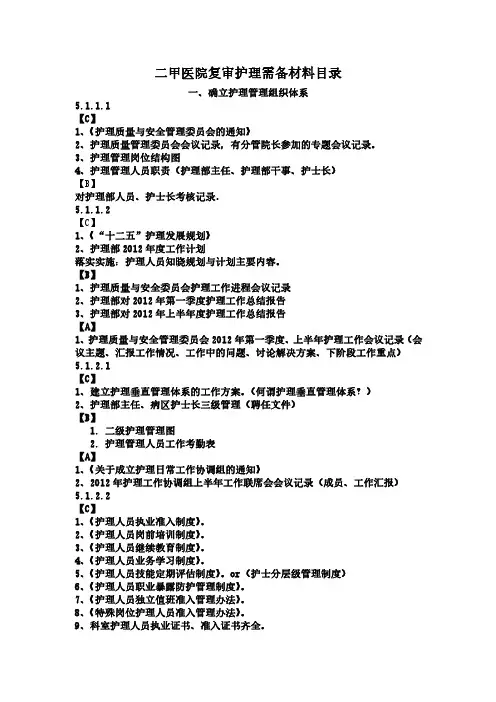 等级医院评审(支撑材料)：二甲医院复审护理需备材料目录