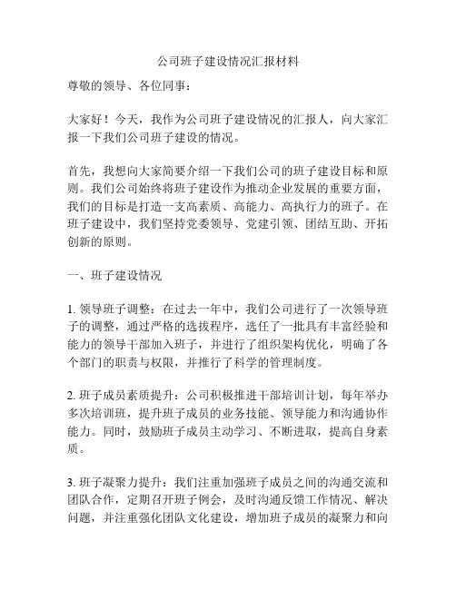 公司班子建设情况汇报材料