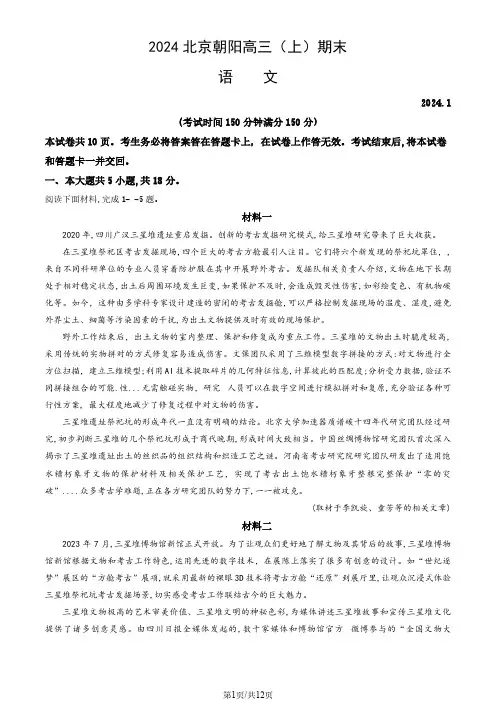 2024北京朝阳区高三(上)期末语文试题及答案