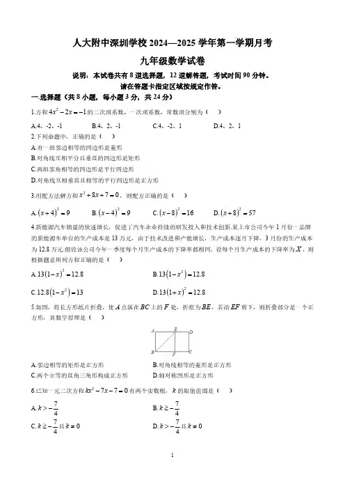 广东省深圳市人大附中深圳学校2024-—2025学年上学期九年级10月月考数学试卷(无答案)