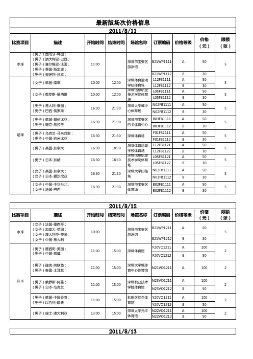 2011深圳大运会最新版场次价格信息