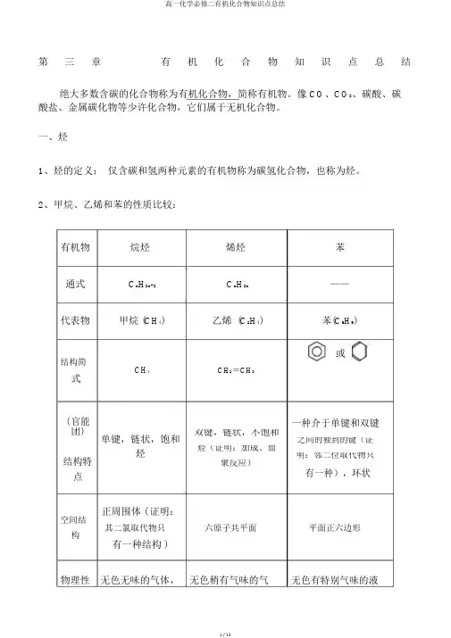 高一化学必修二有机化合物知识点总结