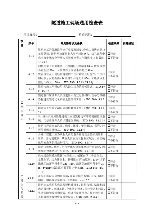 隧道施工现场通用检查表