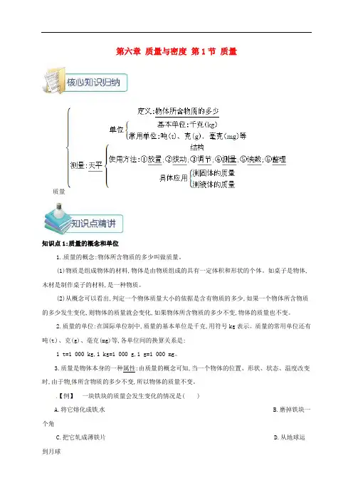 新人教版物理八上第6章第1节质量 知识点考点汇总