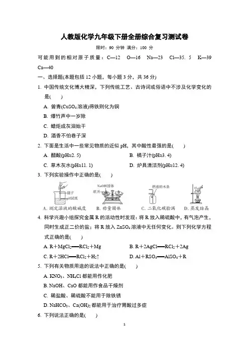 人教版化学九年级下册全册综合复习测试卷(含答案)