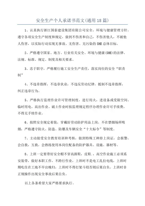 安全生产个人承诺书范文(通用18篇)