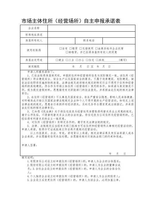 市场主体住所(经营场所)自主申报承诺表