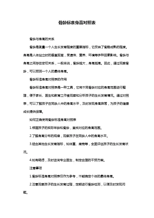 骨龄标准身高对照表