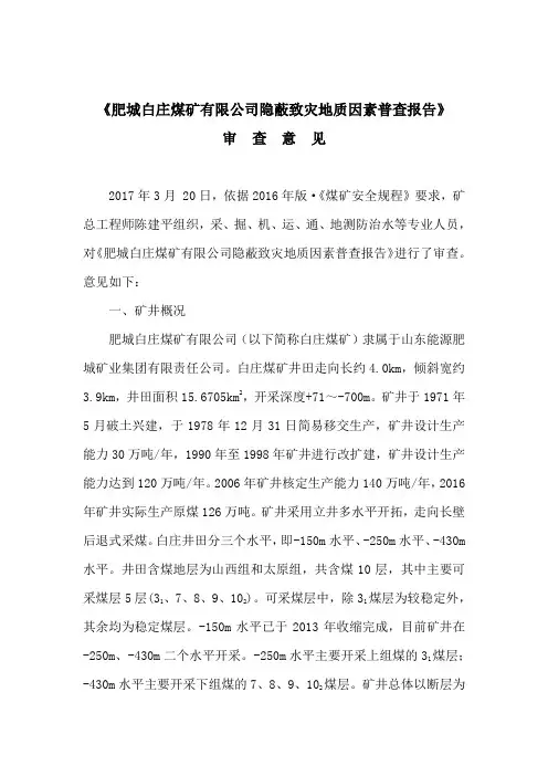 《肥城白庄煤矿有限公司隐蔽致灾地质因素普查报告》审查意见(稿)5.10
