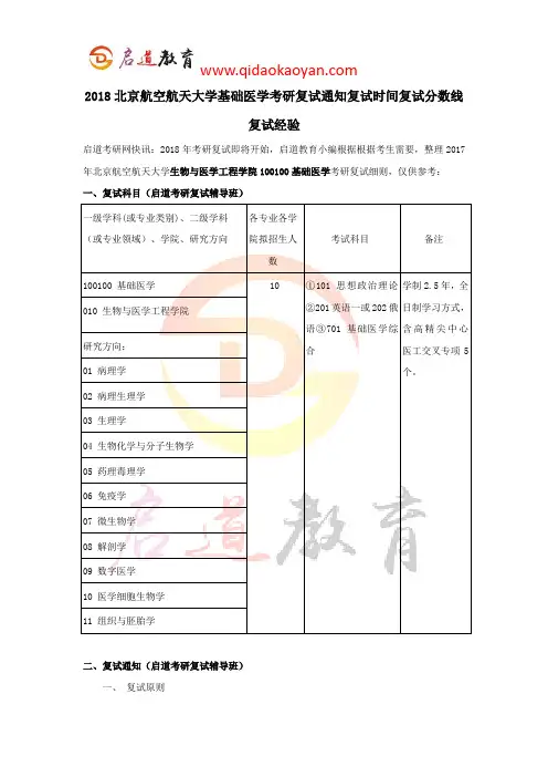 2018北京航空航天大学基础医学考研复试通知复试时间复试分数线复试经验