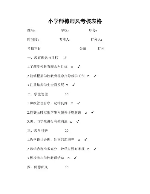 小学师德师风考核表格