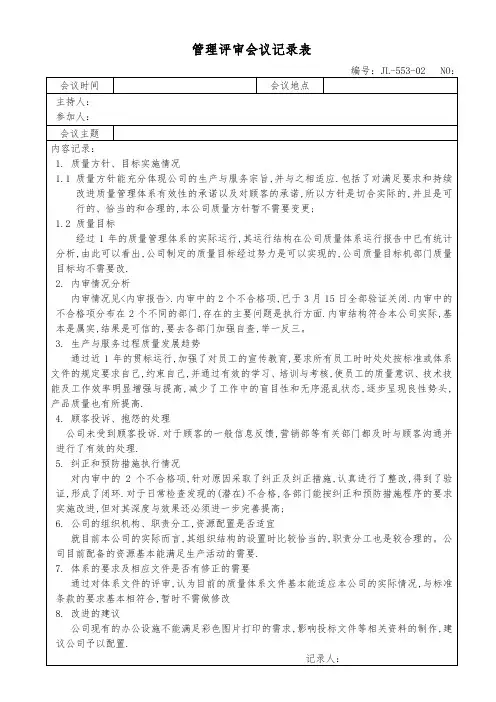 管理评审会议记录表(范例)