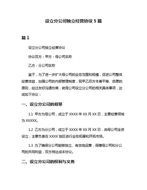 设立分公司独立经营协议5篇