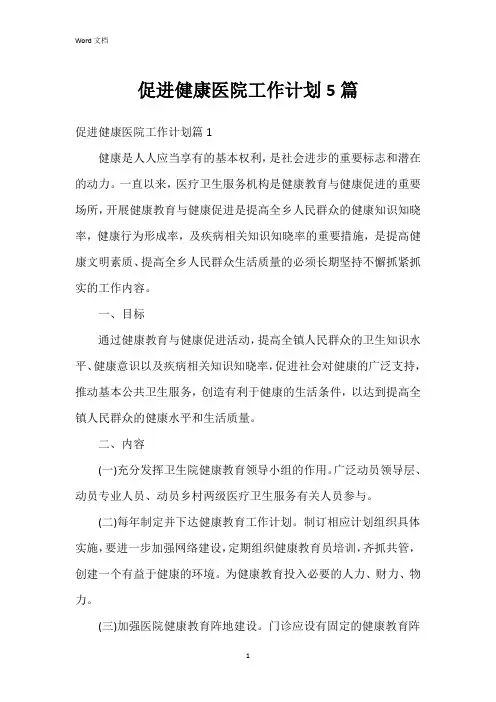促进健康医院工作计划5篇
