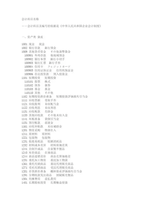 会计科目名称中日对照
