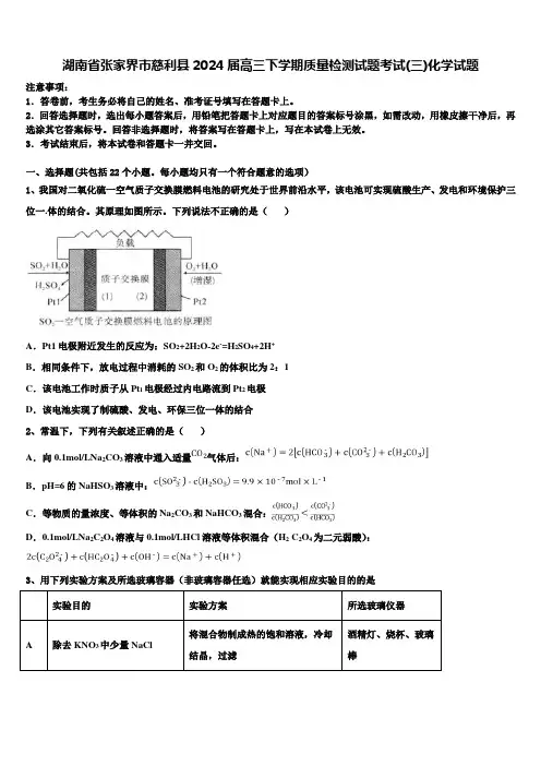 湖南省张家界市慈利县2024届高三下学期质量检测试题考试(三)化学试题含解析