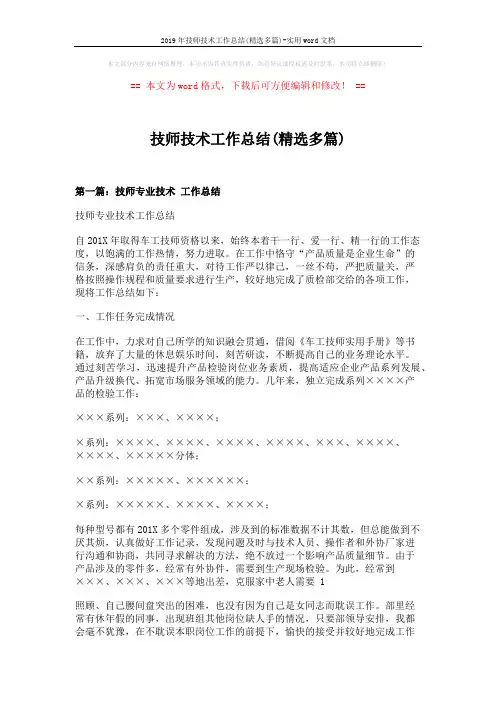 2019年技师技术工作总结(精选多篇)-实用word文档 (10页)
