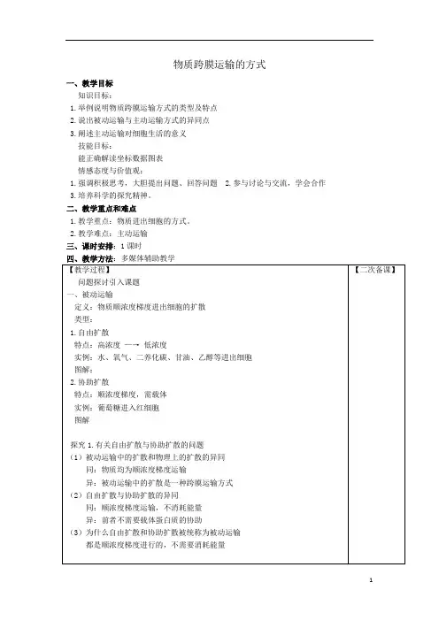 物质跨膜运输的方式  说课稿 教案 教学设计
