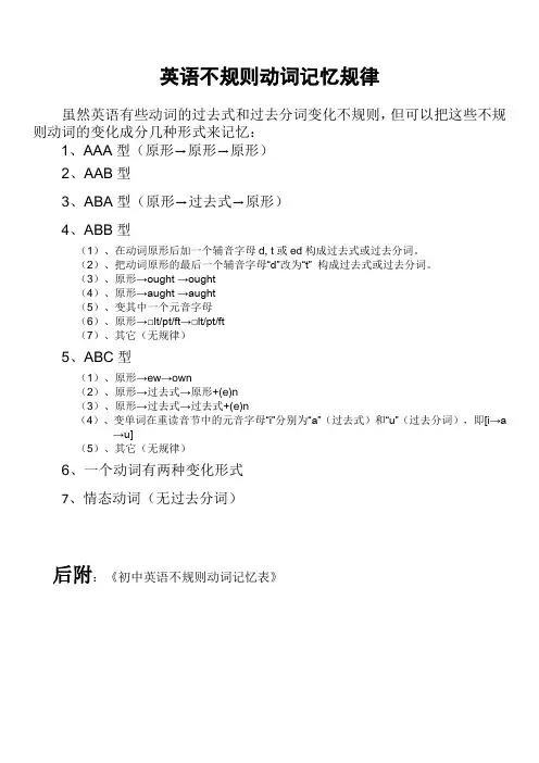 初中不规则动词过去式和过去分词表(附音标)