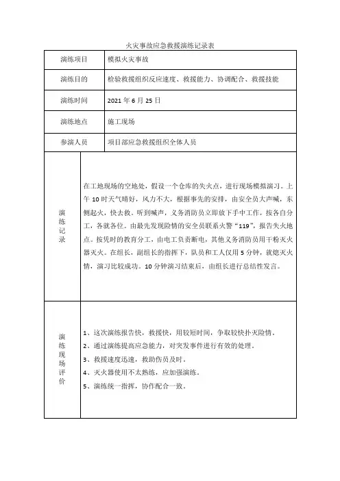 火灾事故应急救援演练记录表