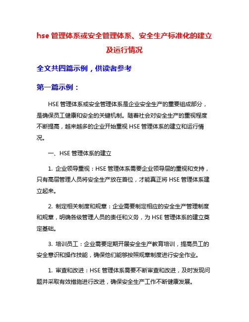 hse管理体系或安全管理体系、安全生产标准化的建立及运行情况