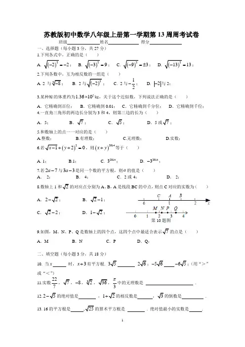 苏教版初中数学八年级上册第一学期第13周周考试卷