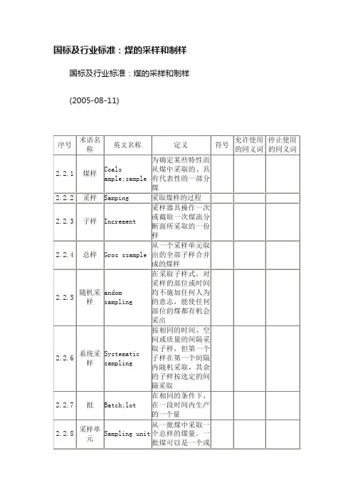 国标及行业标准：煤的采样和制样