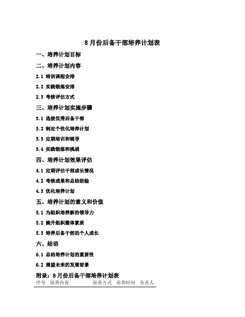 8月份后备干部培养计划表