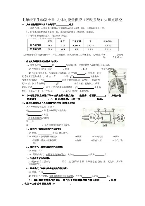七年级下生物第十章 人体的能量供应(呼吸系统)知识点填空