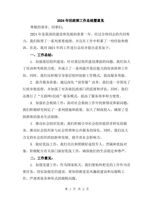 2024年民政部工作总结暨意见