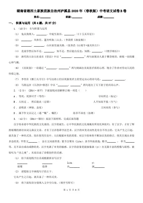 湖南省湘西土家族苗族自治州泸溪县2020年(春秋版)中考语文试卷B卷