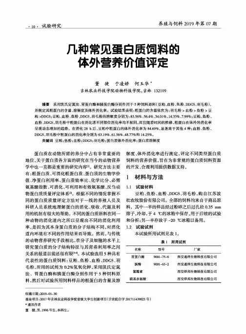几种常见蛋白质饲料的体外营养价值评定