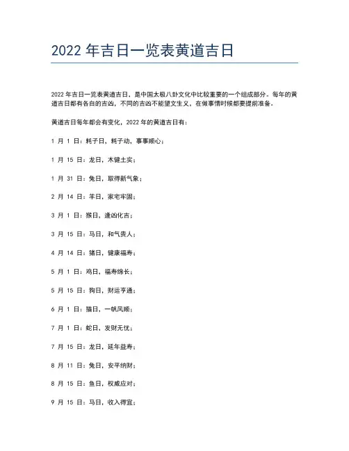 2022年吉日一览表黄道吉日