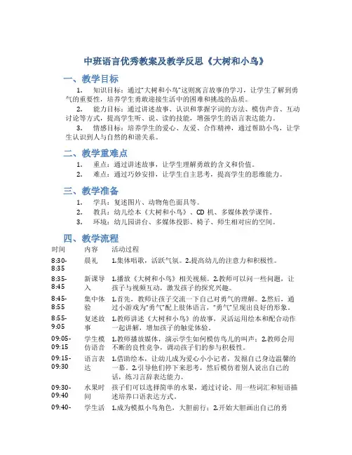 中班语言优秀教案及教学反思《大树和小鸟》