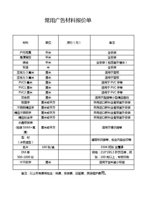 常用广告材料报价单