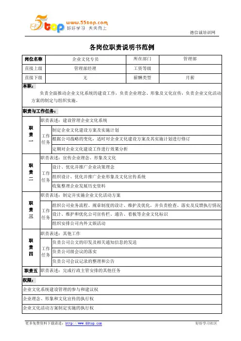 企业文化专员岗位职责说明书