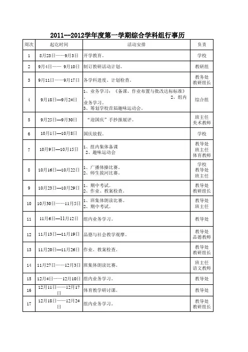 2011--2012学年度第一学期综合学科组行事历