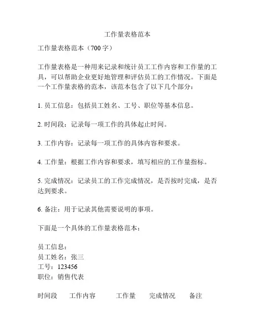 工作量表格范本
