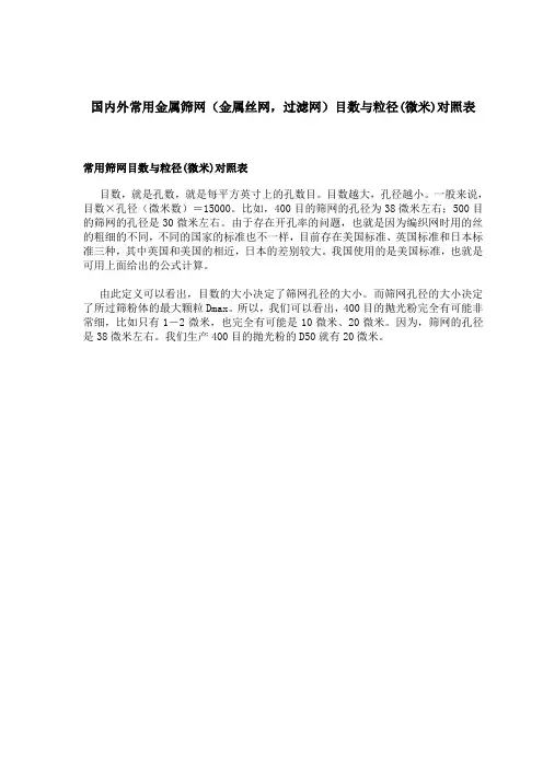 常用筛网目数与粒径(微米)对照表(转载)