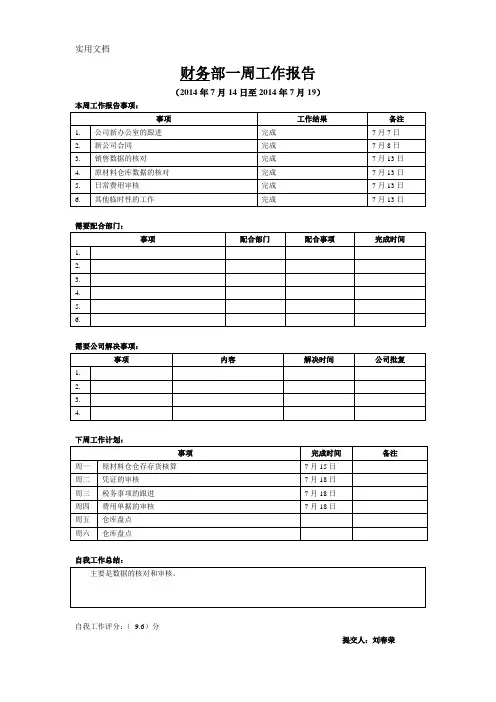 财务部周工作报告表