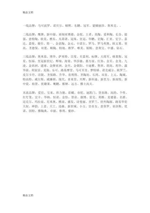 瓷砖一线、二线、三线品牌汇总知识分享