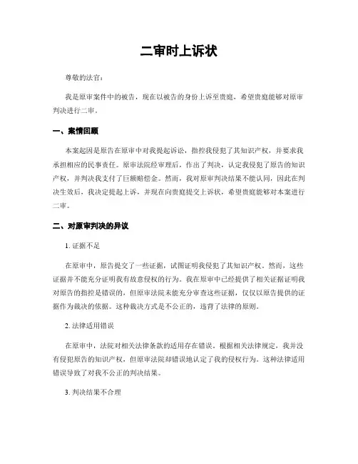 二审时上诉状