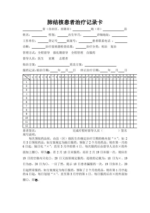 肺结核患者治疗记录卡