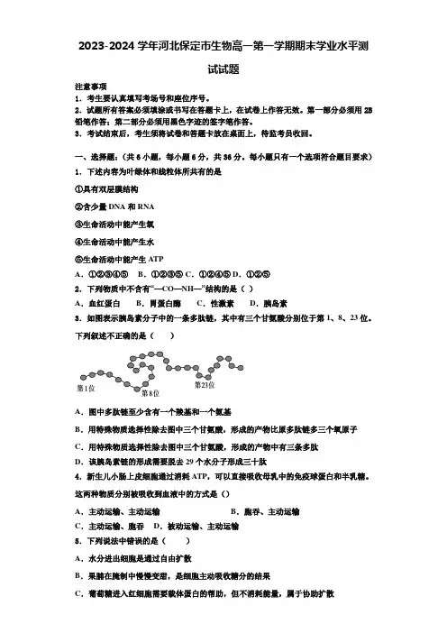 2023-2024学年河北保定市生物高一第一学期期末学业水平测试试题含解析