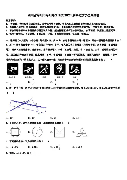 四川省绵阳市绵阳外国语校2024届中考数学仿真试卷含解析
