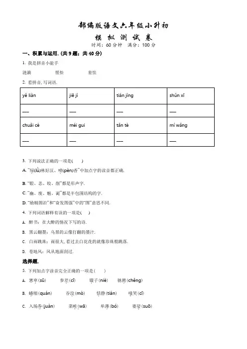部编版语文六年级小升初综合质量检测试卷(含答案)